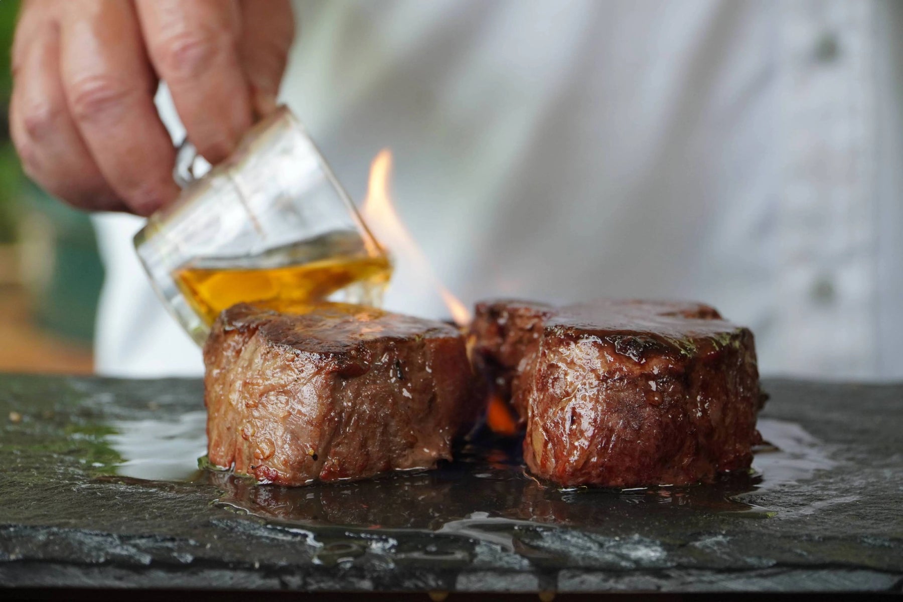 Flambe Filet Mignon on a Salt Block