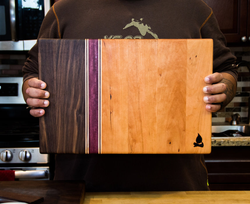Cherry & Walnut Cutting Board with Stripes of Maple and Purple Heart